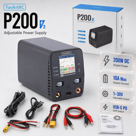 Блок живлення ToolkitRC P200 V2 - 200W, 1-30V, 10A, AC/DC, Banana 4.0, USB-C PD 65W для зарядних пристроїв